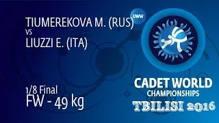 1/8 FW - 49 kg: M. TIUMEREKOVA (RUS) df. E. LIUZZI (ITA), 10-2