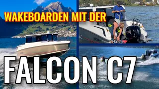 Wakeboarden mit dem Falcon C7 Aluminimum Motorboot. Alles ist möglich im Winter sowie im Sommer.