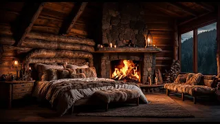 Cozy Cabin Bedroom Ambience | Cozy Rain For Sleep | Crackling Fireplace |  Cozy Winter Ambience |