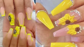 12 Pretty Sunflower Acrylic Nails Design #NailsAcrylicDesign