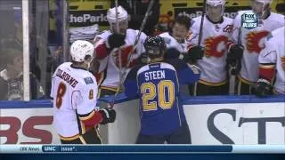 Scrum in 1st, Backes, Steen, Galiardi. Calgary Flames vs St. Louis Blues 11/7/13 NHL Hockey.