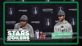 Wyatt Johnston, Jason Robertson, Sam Steel, Chris Tanev Pete DeBoer | Stars vs Oilers Game 2 pregame