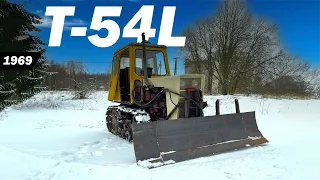 Old Soviet Tracked Tractor START & PLOWING SNOW - T-54L (1969)