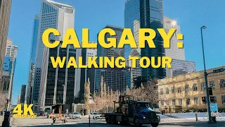 First Snow in Calgary: Downtown Walking Tour 4K Binaural Sound. City Tour: Alberta, Canada