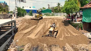 Opening New Project Sandfill By Skills Two Bulldozer D31+D20 Pushing Sand ,5Ton Truck Dumping Stone