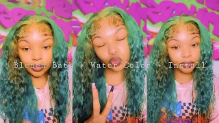 black to GREEN curly hair | bleach bath + water color + install