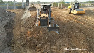 Excellent Activities Work Techniques Build New Road Dozer Pushing Soil With Dump Trucks Unloading