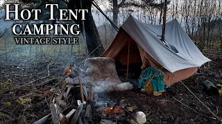 Winter Camping in Vintage Canvas Hot Tent ⛺️🔥🌲 / Campfire Cooking / ASMR