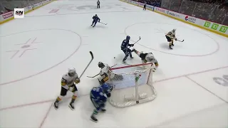 Quinn Hughes putts Jack Eichel out of the way to win game