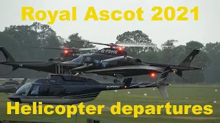 Royal Ascot 2021 rainy helicopter departures at Ascot Heliport EC145, AS355, R66, A109, B206B, B206L