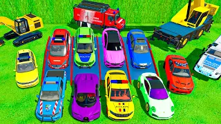 ALL CARS OF COLORS! AMBULANCE, LOADER, FIRE TRUCK, CRANE, TRACTOR, COLOR POLICE CAR TRANSPORT! FS 22