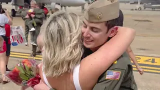 F/A-18 Navy pilot Homecoming NAS Oceana USS Truman sees baby girl after 9 month deployment