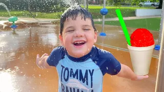 BEST SPLASH PAD PARK PLAYGROUND EVER! CALEB and Mommy PLAY at the KIDS WATER PARK, EAT SNOW CONES!