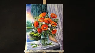 Bouquet Of Poppies In Glass Vase On Windowsill Acrylic Painting