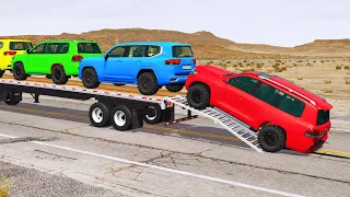 Flatbed Trailer Toyota LC Cars Transportation with Truck - Pothole vs Car #012 - BeamNG.Drive