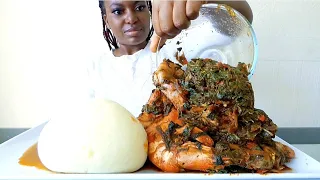 Asmr mukbang eforiro/ vegetables soup with tiger prams, shrimps, fish and pounded yam fufu