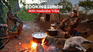 Hadzabe Tribe How They Cook Dry Meat And Ugali For Lunch | Cooking Most Appetizing Food (Part2)