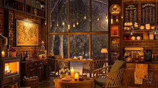 4K Jazz Cozy Coffee Shop - Smooth Piano Jazz Music & Snowfall on Window for Relax, Study and Work