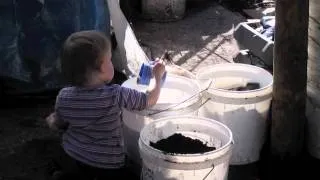 Ducky and Aniko playing in the same bucket of water