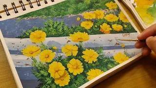 Step-by-Step Gouache Process: Painting Roadside Yellow Flowers 🌻