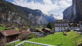 Walking in Lauterbrunnen Valley, Switzerland, Village and River View 4k