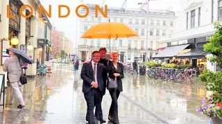 London Summer Walk in the Rain, Belgravia, Knightsbridge, South Kensington, Chelsea, Kings Road. 4K