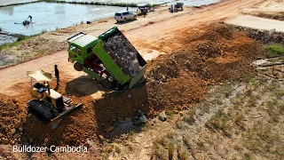 Incredible Dump Truck Fly Back Unloading Stuck Deep Heavy Recovery By Two Dozer Komatsu Extremely