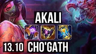 AKALI vs CHO'GATH (TOP) | 7 solo kills, 65% winrate, 16/4/8, Dominating | TR Master | 13.10