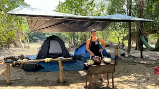 Acampamento pescaria e fizemos costela no fogão a lenha na beira do rio