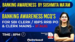 Banking Awareness MCQs For SBI Clerk/IBPS RRB PO/Clerk Mains | 31 Aug 2021 | Sushmita Ma'am