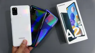 Samsung Galaxy A21s Black, Blue, White unboxing, antutu benchmark, game, camera test