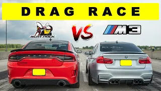 BMW M3 takes on Charger 392 ScatPack Drag and Roll Race  Someone gets walked...