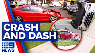 Accused thieves crash alleged stolen Holden into two parked cars, flee from scene | 9 News Australia