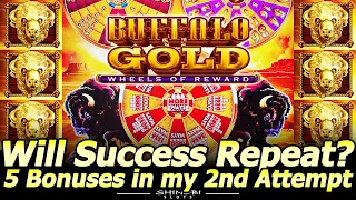 Will Success Repeat? Buffalo Gold Wheels of Reward Slot 2nd Attempt! Live Play and 5 Bonuses!