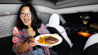 Car Camping and Cooking Steak in My Tesla Model Y