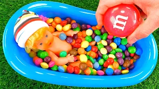 Satisfying Video | Mixing M&M's in Rainbow BathTube with Candy Skewers with Rainbow Slime ASMR