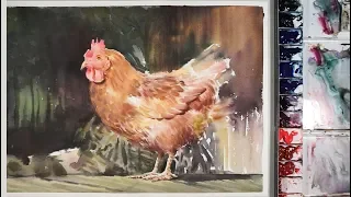 Watercolor Painting : Chicken in the Garden