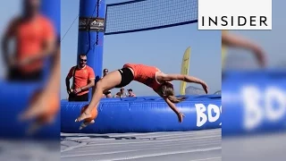 Bossaball combines volleyball, soccer, and gymnastics