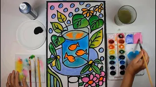 How to Draw and Watercolor Paint GOLDFISH Painting Inspired by Artist Henri Matisse Timelapse