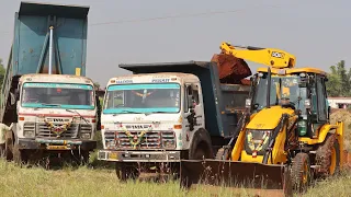 JCB 3dx Backhoe Making Farm with Loading Red Mud in Tata 2518 Truck and Tata Truck