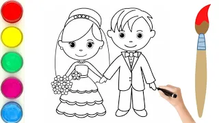 Draw a Bride Grooms Colouring with Easy Drawing For Kids, Toddlers | preschool Bride Marriage Video