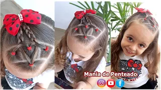 Penteado Infantil com ligas, coração, tranças e amarração.