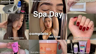 SPA DAY *COMPLETO* em casa ✨-depilação com cera, sobrancelhas, skincare, unhas, cabelo…+