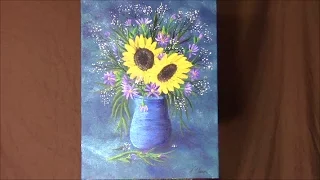 How to paint a vase of flowers ~ Sunflowers, Purple Daisies, and Babies Breath. Part 1