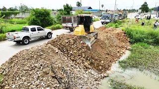 Part-1 Start New Project Land Filling Up With Stone Dirt By Bulldozer KOMATSU DR51PX And 5Ton Truck