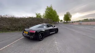 Audi R8 V8 manual coupe Top Gear F1 exhaust setting off at Goodwood.