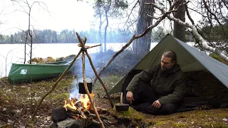 Bushcraft Trip in Untouched Wilderness - Thunder and Rain - Tarp Shelter