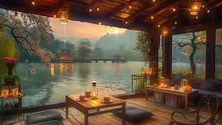 Spring Sunset With Rainy Day & Coffee Shop Ambience ☕Jazz Instrumental Music for Relax, Study, Work