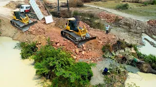 Update, GREAT Team Work Build Road Full Processing by Stronger Bulldozer Push Stone &  Dump Trucks