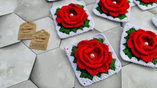 Crochet square motif master class | Вяжем крючком красивый квадратный мотив с объёмным цветком розы